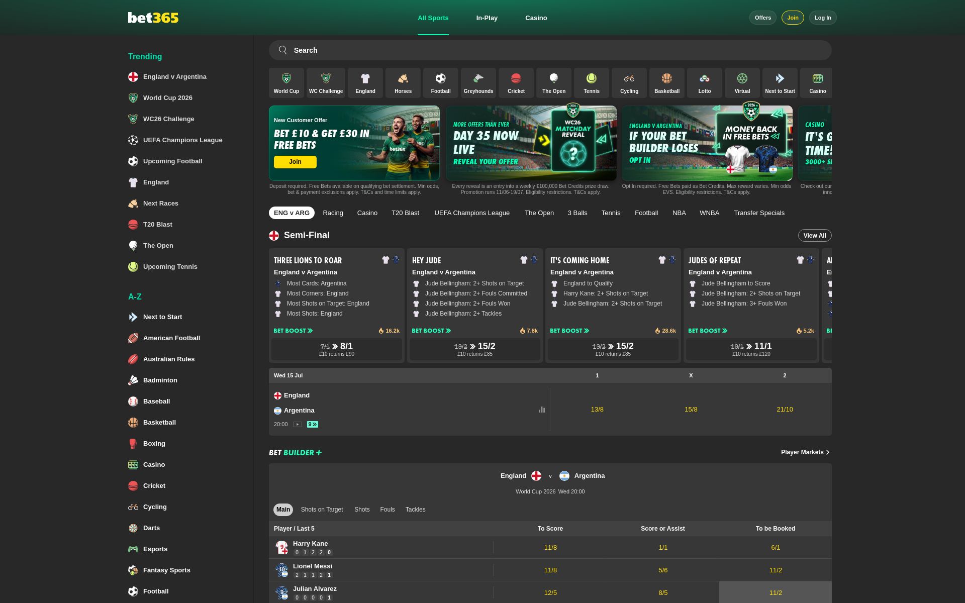 Bet365 desktop homepage, screenshot taken 2026-07-11