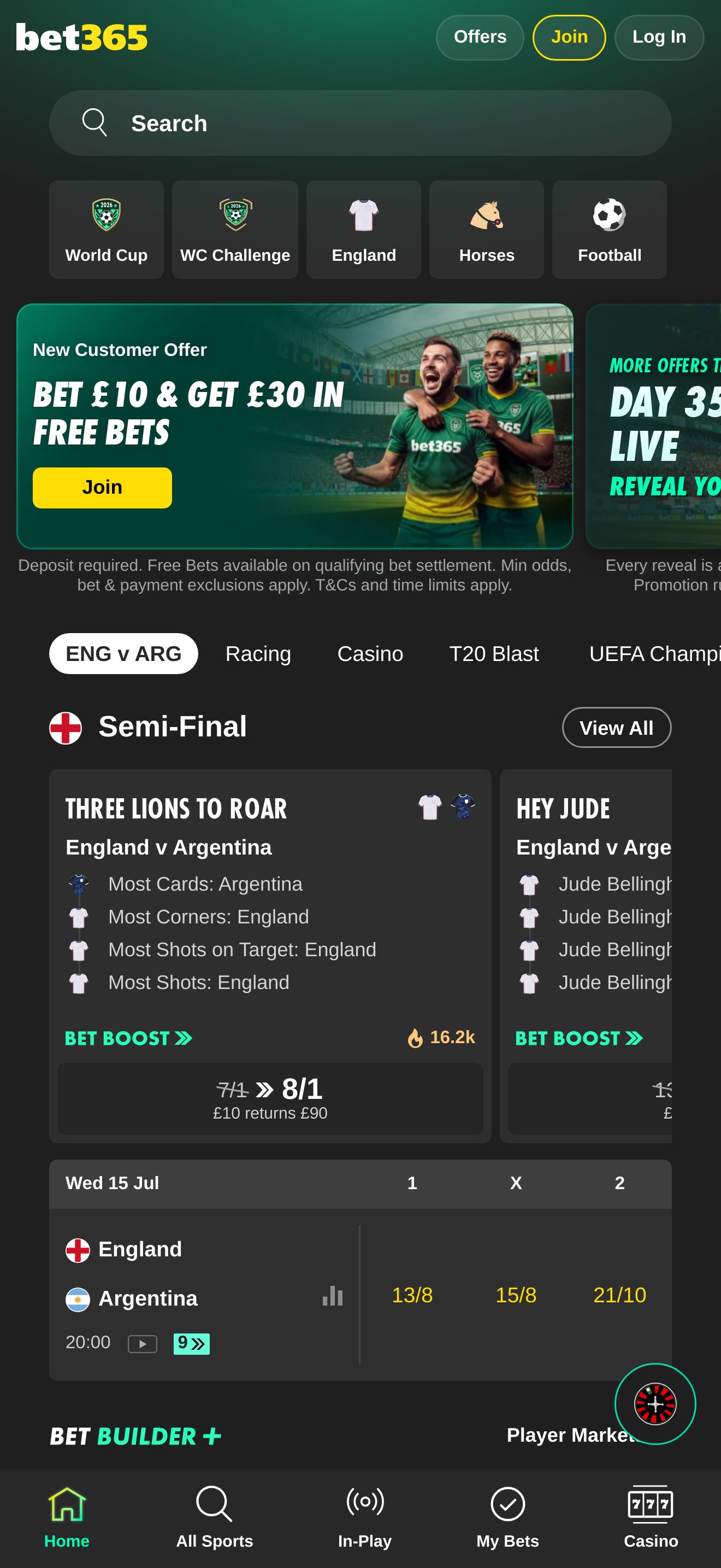 Bet365 mobile homepage, screenshot taken 2026-07-11