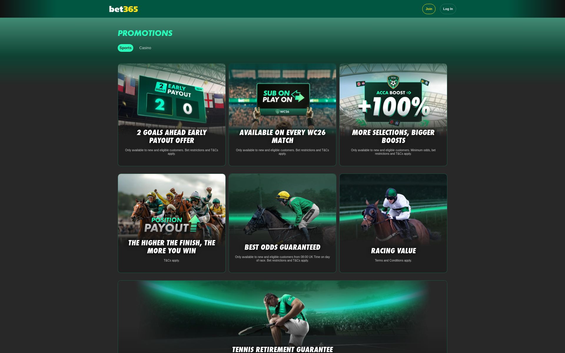 Bet365 desktop promotions page, screenshot taken 2026-07-11
