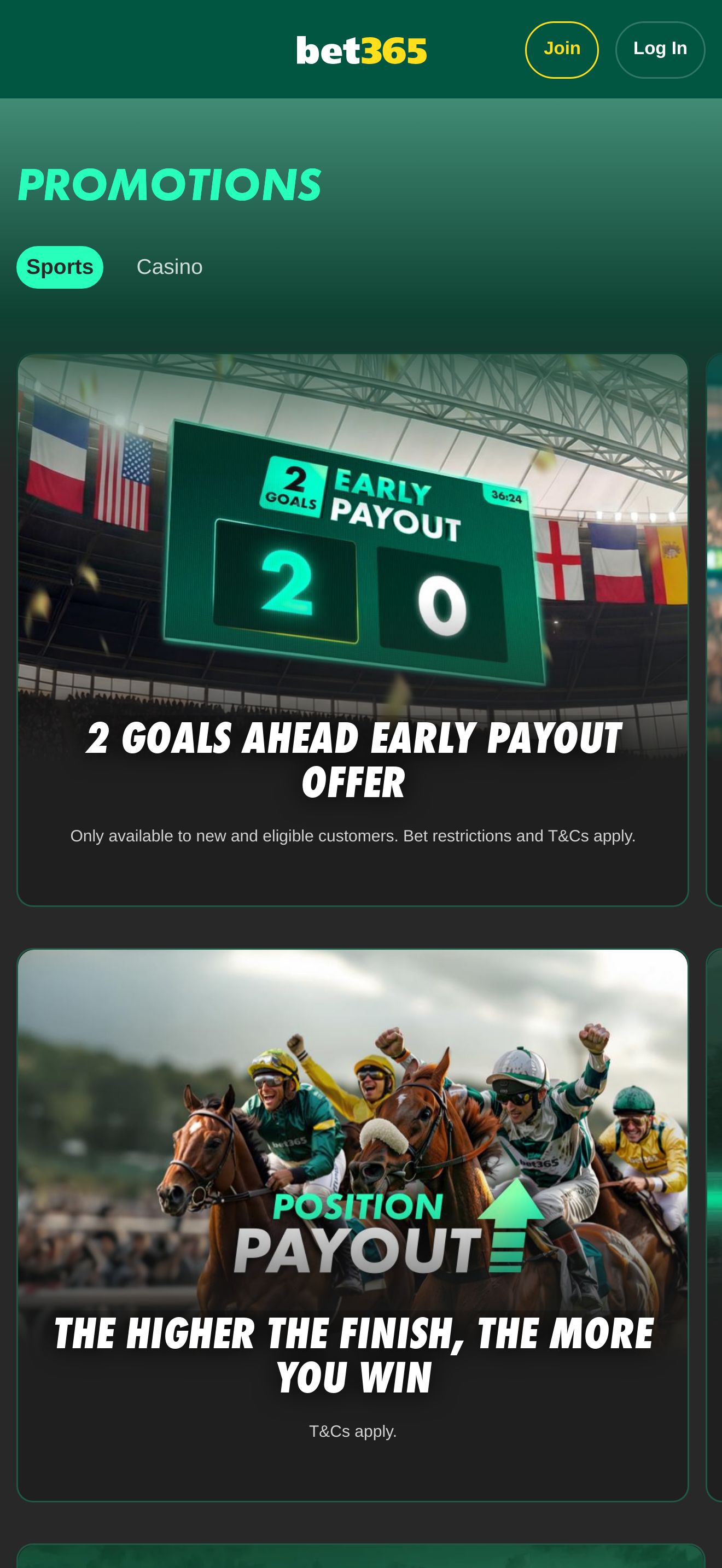 Bet365 mobile promotions page, screenshot taken 2026-07-11