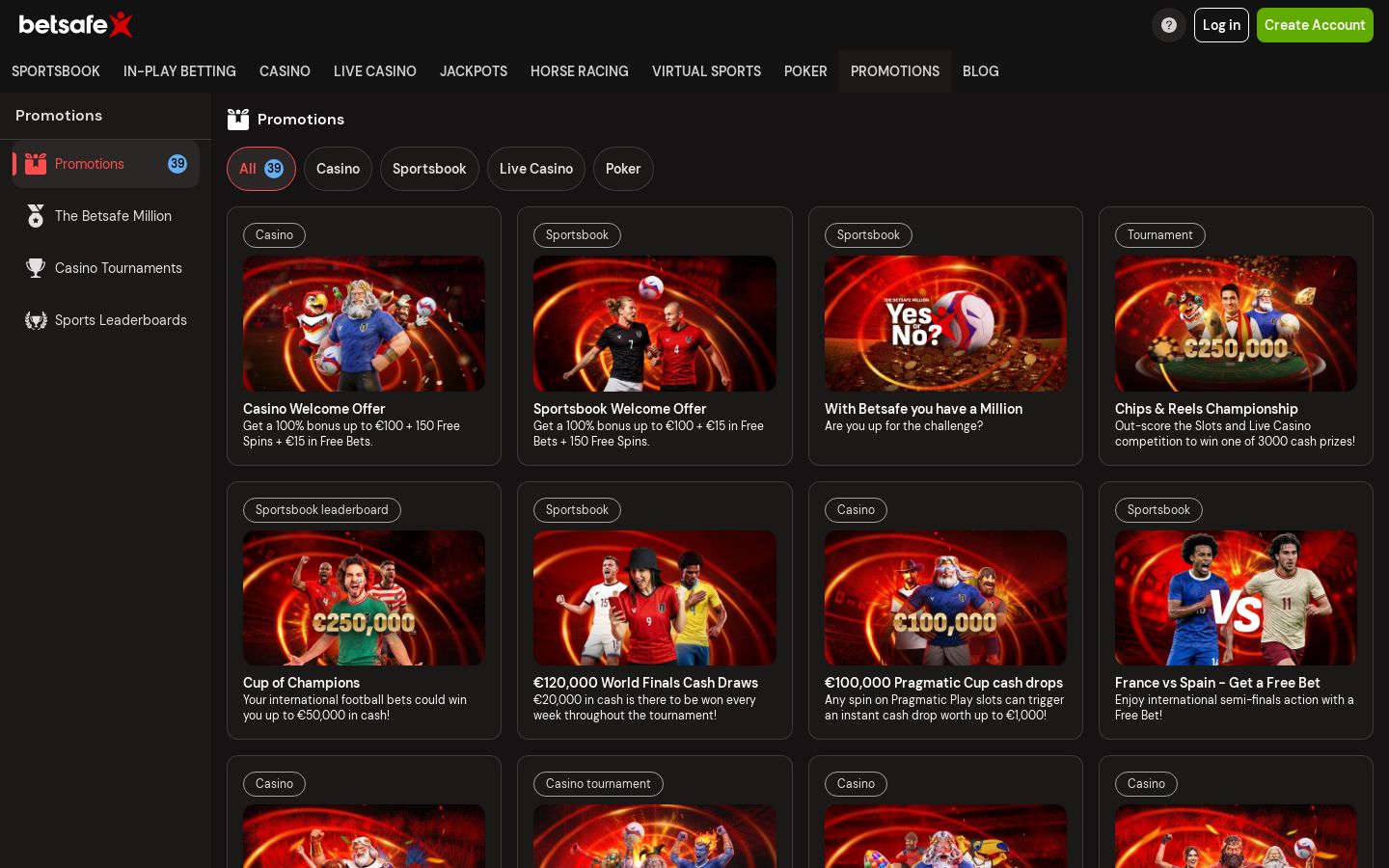 Betsafe desktop promotions page, screenshot taken 2026-07-11
