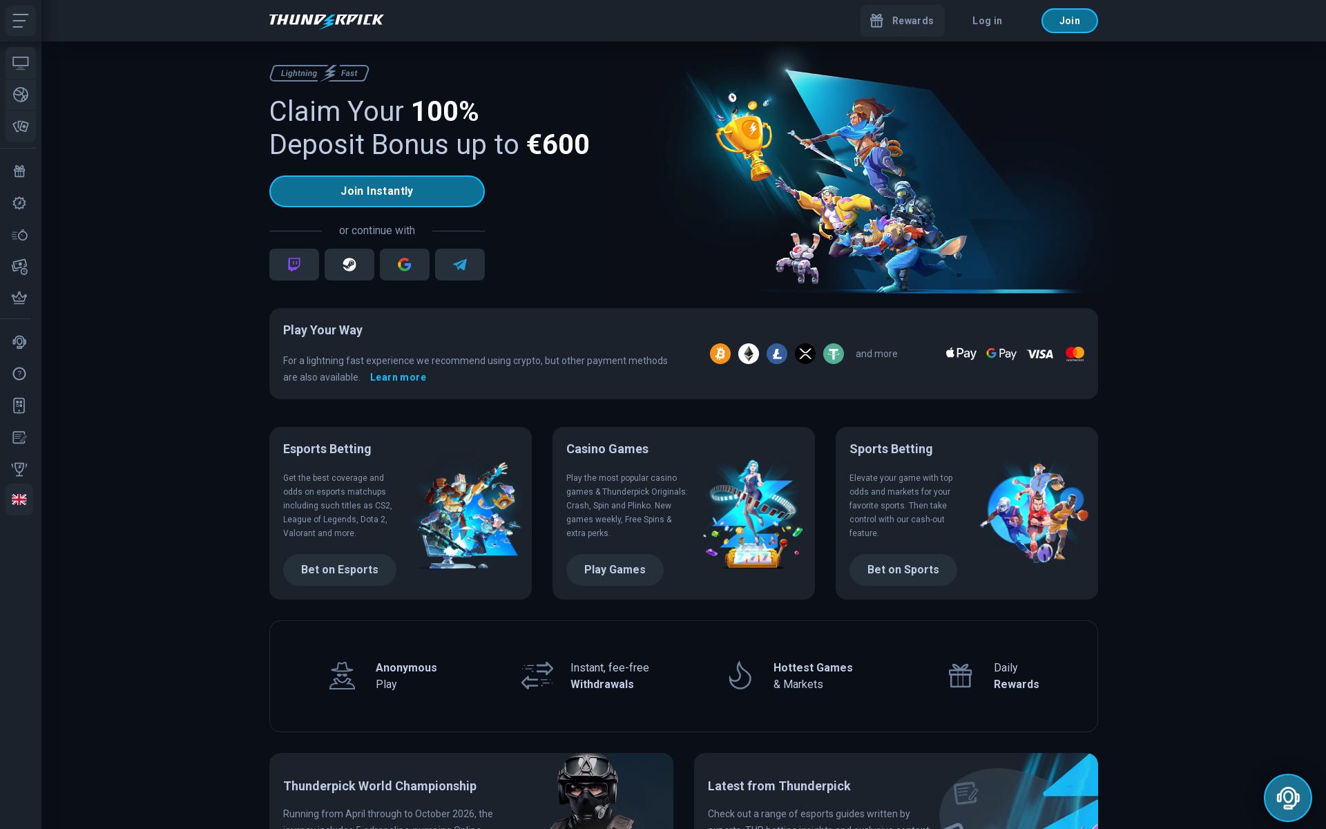 Thunderpick desktop homepage, screenshot taken 2026-07-13