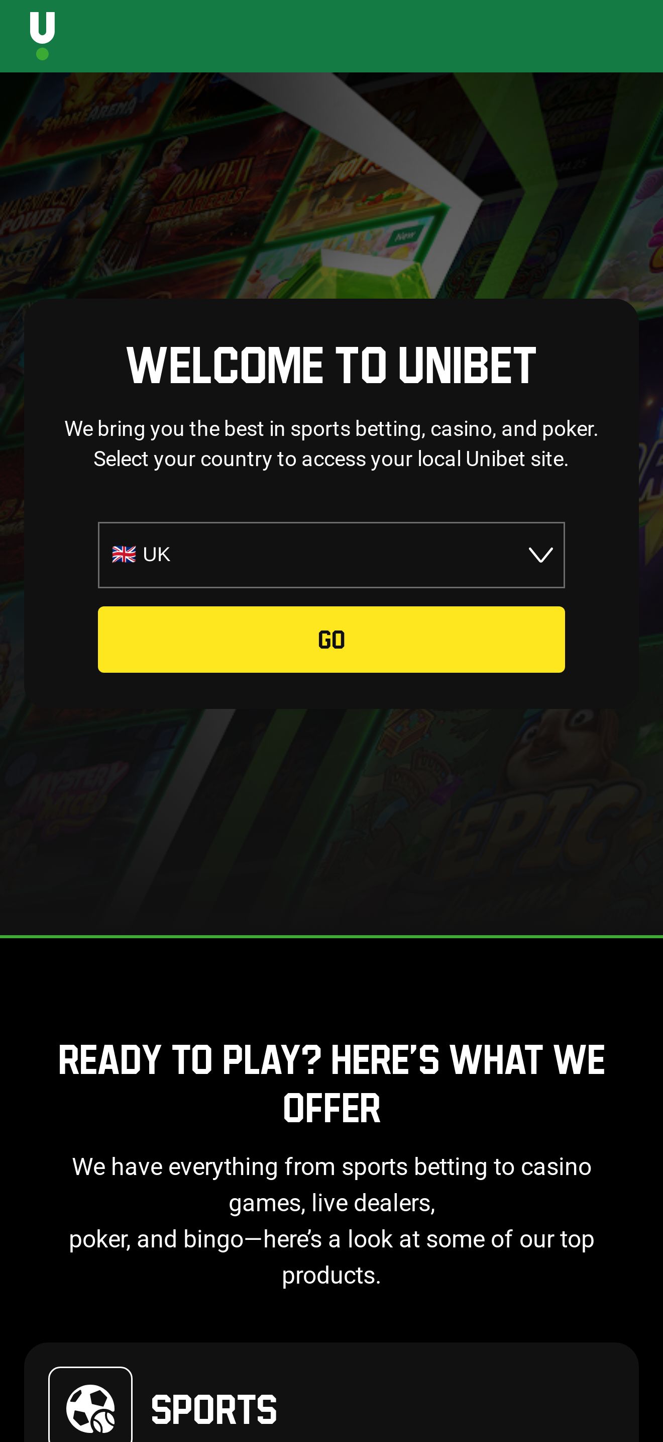 Unibet mobile homepage, screenshot taken 2026-07-13